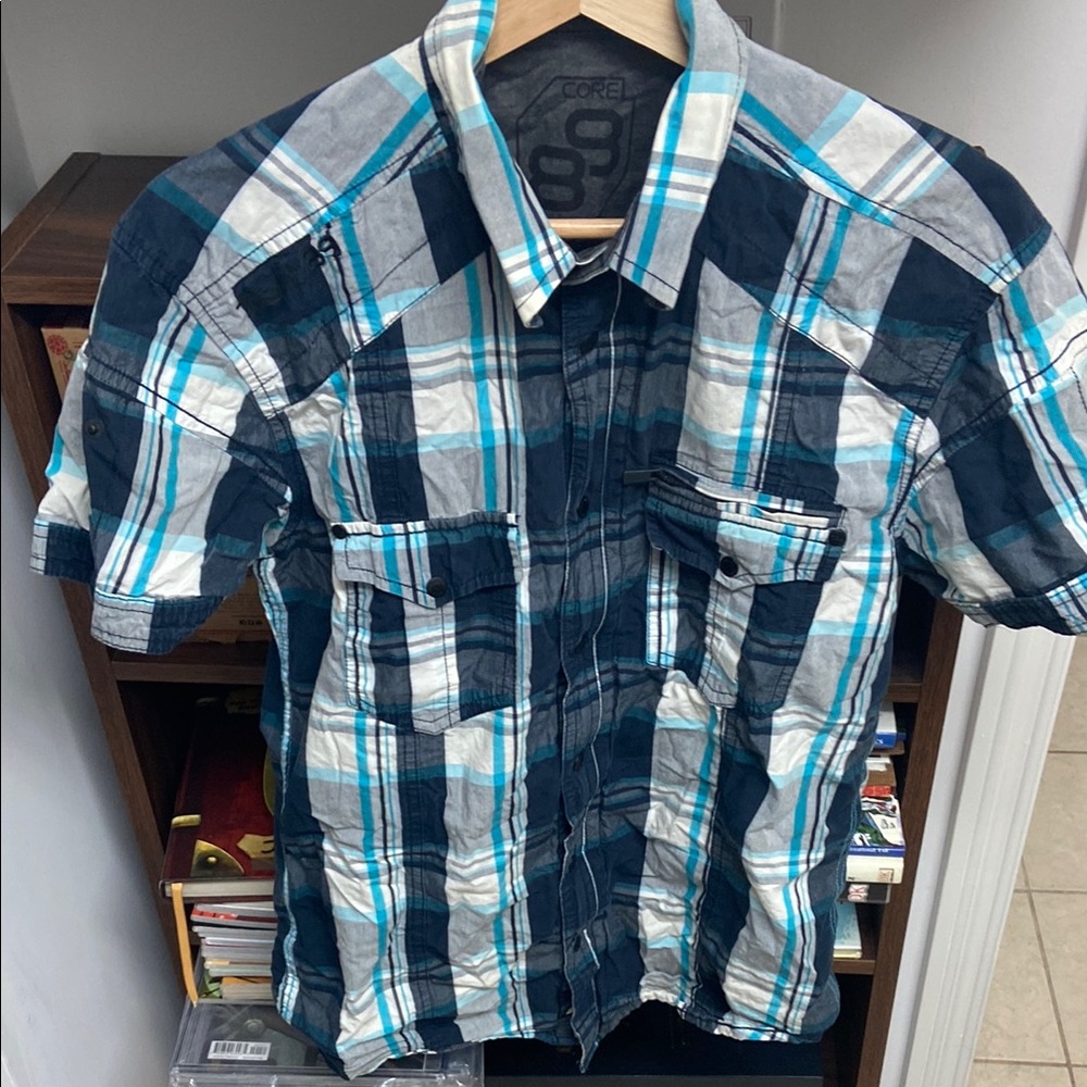 Vintage Jack & Jones Men's Blue Plaid Zipper/Button Short Sleeve Shirt